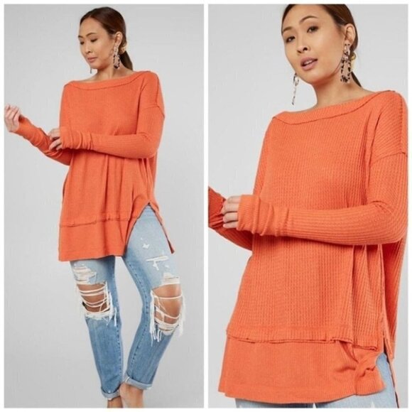 𝅺FREE People North Shore Oversize Thermal Tunic Top Coral Light size XS - Picture 1 of 14